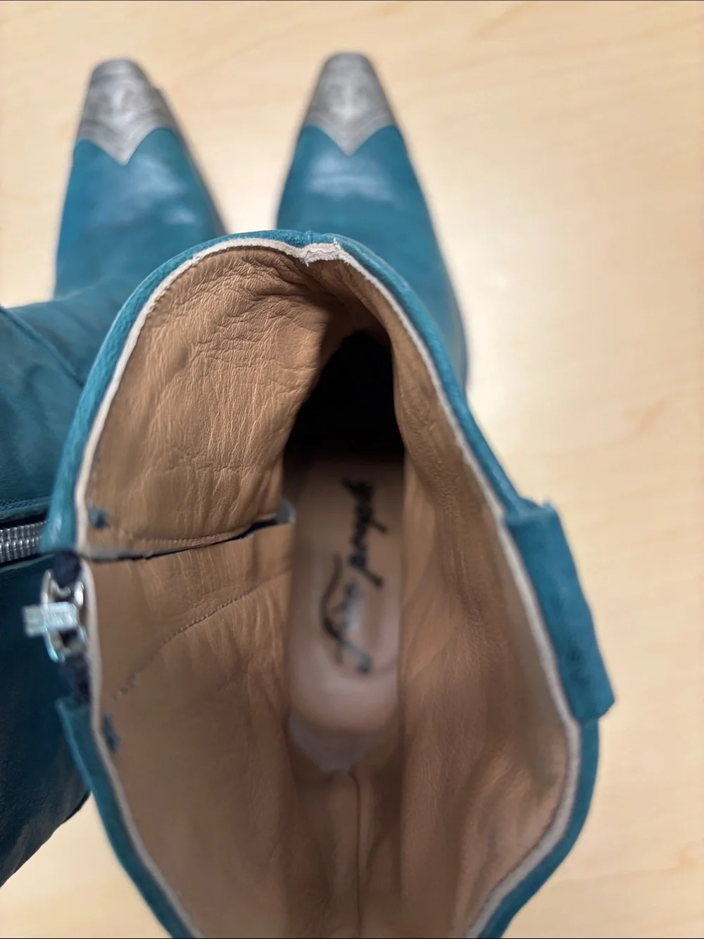 Free People Vero Cuoio Teal Italian Leather Western Boots with Silver Toe Caps - Picture 5 of 8